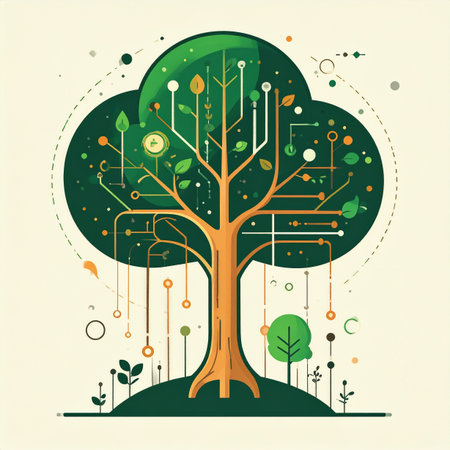 An illustration symbolizing the fusion of nature and technology. A vibrant green tree grows with branches and roots forming an intricate circuit board, representing sustainable innovation, data growth, and the development of an eco-friendly digital ecosystem.の素材