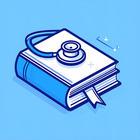 An illustration symbolizing the deep connection between medical knowledge and clinical practice. A stethoscope rests on a foundational textbook, representing the essential learning, research, and study required for healthcare professionals to diagnose and care for patients.の素材