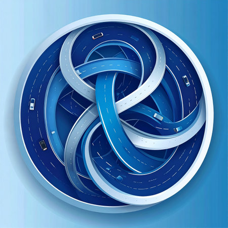 An intricate, endless loop of modern highways represents the complex journey of business and technology. Cars navigate the intertwined paths, symbolizing the flow of data, logistics, and strategic solutions in a seamless, integrated system of global connectivity and progress.の素材