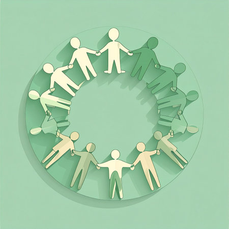 A group of paper figures joins hands, forming an unbroken circle of unity. This minimalist illustration on a green background symbolizes the power of community, collaboration, and collective support in achieving a common goal.の素材