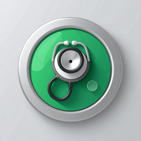 A sleek, modern icon featuring a stethoscope on a vibrant green button. This symbol represents the future of digital healthcare, telehealth services, and instant access to medical diagnosis and support with a single click.の素材