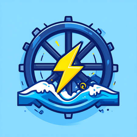 A modern emblem capturing the fusion of natures force and clean technology. A powerful water wheel harnesses the energy of the waves, generating sustainable electricity symbolized by a dynamic lightning bolt at its core.の素材