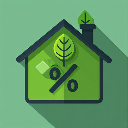 An icon representing the financial benefits of sustainable living. This green home with a percentage sign symbolizes lower mortgage rates, energy savings, and smart property investments, highlighting the economic advantages of an eco-friendly lifestyle.の素材