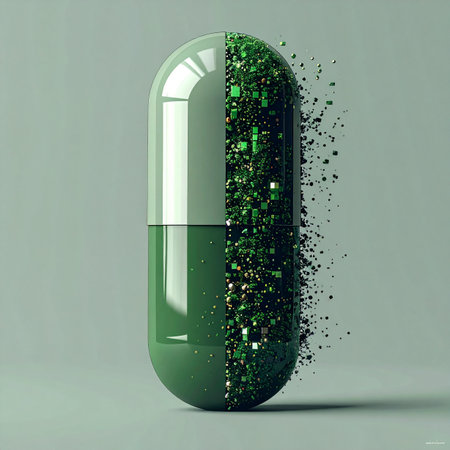 A futuristic green capsule dissolves, releasing a cascade of sparkling nanoparticles. This conceptual image represents a breakthrough in medicine and pharmacology, symbolizing a new era of targeted treatments, innovative cures, and the magic of modern science.の素材