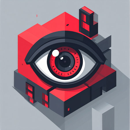An isometric illustration depicting a powerful, all-seeing eye embedded in a technological structure. This graphic symbolizes concepts of modern surveillance, artificial intelligence, big data, and digital security, representing the constant observation in our futuristic, data-driven world.の素材