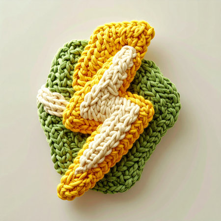 A charming, handmade crochet kitchen set featuring corn on the cob themed cloths rests on a green dishcloth. This cozy, rustic flat lay evokes the warmth of a farmhouse kitchen, the joy of crafting, and sustainable, eco-friendly living.の素材