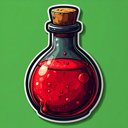 A vibrant red health potion, bubbling with magical energy, sealed in a round glass vial with a cork stopper. This sticker-style icon is perfect for fantasy games, representing vitality, recovery, and the promise of renewed strength for any adventurers quest.の素材