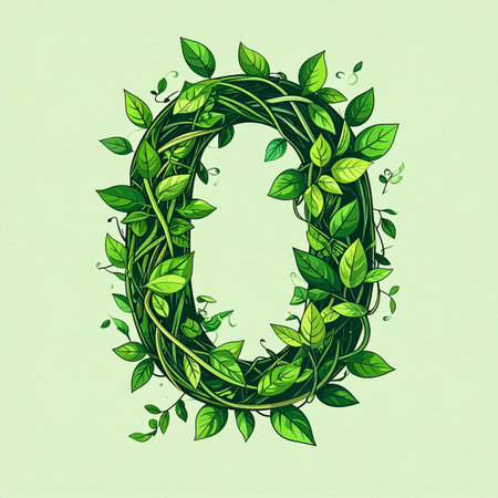 The number zero, beautifully crafted from a tangle of vibrant green leaves and delicate vines, symbolizes a fresh start and a connection to nature. This organic numeral represents concepts of sustainability, growth, and the foundational point from which all things begin.の素材