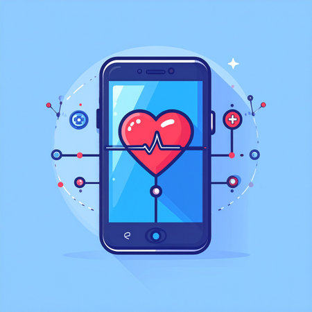 A vibrant illustration showcasing the future of personal wellness. A smartphone displays a heart rate monitoring application, symbolizing the integration of technology into daily healthcare routines for proactive monitoring and a healthier lifestyle.の素材