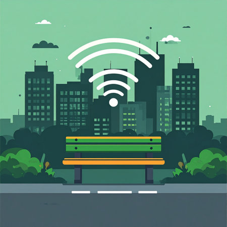 An illustration of a park bench against a city skyline, with a large Wi-Fi symbol overhead. This image represents the concept of a smart city, public internet access, and the integration of technology into urban life and community spaces.の素材