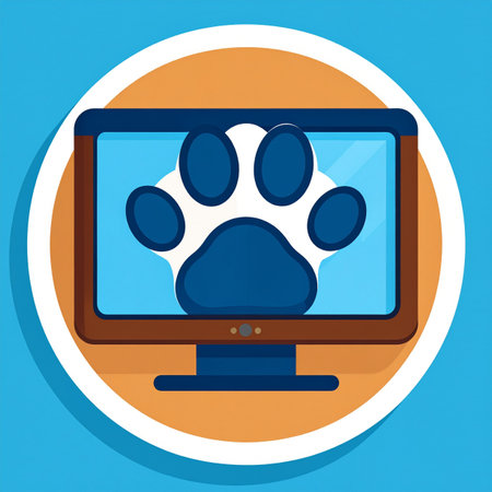 A modern flat design illustration symbolizing the intersection of technology and animal welfare. A bold paw print on a computer screen represents online veterinary services, digital pet adoption, and virtual support for pet owners, all accessible with a single click.の素材