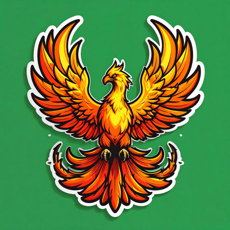 A vibrant sticker illustration of a majestic phoenix with its fiery wings spread wide. This powerful symbol represents rebirth, renewal, and overcoming adversity, captured in a bold and colorful design perfect for expressing strength and new beginnings.の素材
