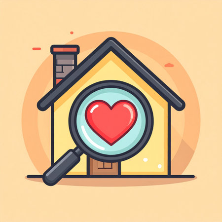A charming cartoon illustration symbolizing the joyful search for a dream home. A magnifying glass focuses on a heart at the center of a house, representing the love, care, and passion involved in finding the perfect place to live. This icon is ideal for real estate, housing, and mortgage concepts.の素材