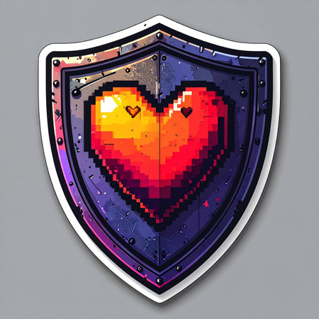 A glowing 8-bit heart, representing life and love, is securely protected by a sturdy metallic shield. This emblem symbolizes the fusion of retro gaming nostalgia with the modern need for digital security, emotional protection, and guarding what is most precious in both virtual and real worlds.の素材
