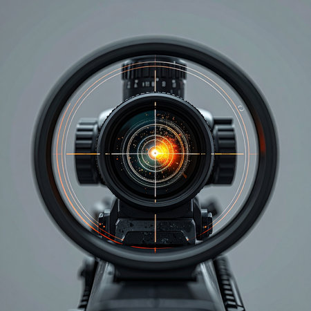 From the shooters perspective, the world narrows to a single point of focus. The advanced optical sight brings the distant objective into sharp clarity, with the illuminated reticle locked on, ready for the critical moment of action.の素材