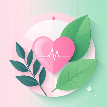 A vibrant pink heart with a steady heartbeat rests among fresh green leaves, symbolizing the powerful connection between nature and cardiovascular wellness. This clean, modern illustration represents a holistic approach to health, vitality, and a balanced lifestyle.の素材
