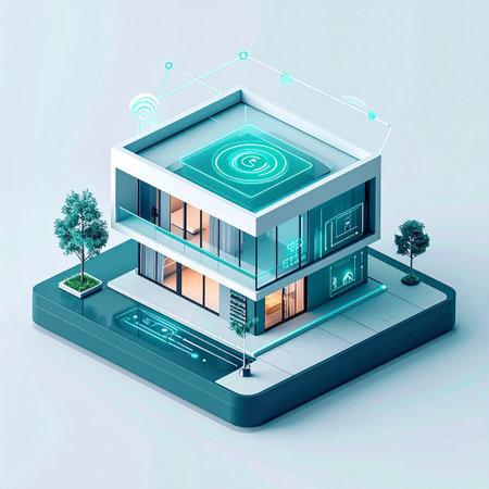 A 3D isometric illustration of a modern smart home, showcasing the integration of IoT technology. Digital interfaces and data visualizations surround the building, representing concepts of home automation, energy management, security, and futuristic living in a connected world.の素材