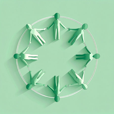 A circle of green figures joins hands, symbolizing a powerful connection and collective strength. This minimalist representation evokes themes of community, environmental consciousness, and successful collaboration, perfect for illustrating concepts of social networks or sustainable partnerships.の素材