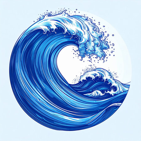 A powerful ocean wave curls into a perfect circle, captured in a dynamic Japanese art style. This illustration embodies the immense energy and beautiful force of nature, blending traditional aesthetics with a modern, graphic sensibility. Its a symbol of strength, motion, and the untamable spirit of the sea.の素材