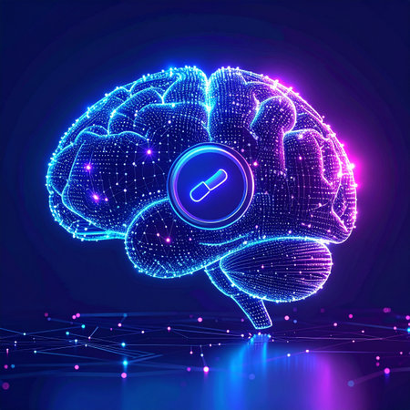 A glowing digital brain visualizes the future of medicine, where a smart pill directly interfaces with neural pathways. This represents a breakthrough in neurotechnology, offering innovative solutions for cognitive enhancement, mental health treatment, and unlocking the full potential of the human mind.の素材