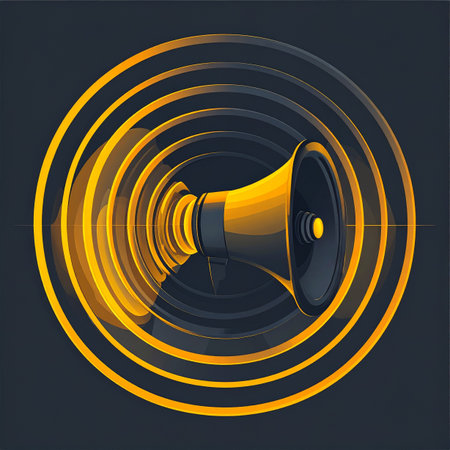 A powerful message radiates outward from a glowing golden megaphone, depicted as concentric sound waves. This vector illustration symbolizes the impact of a loud announcement, effective communication, and influential broadcasting, perfect for concepts of marketing, protest, or important news.の素材