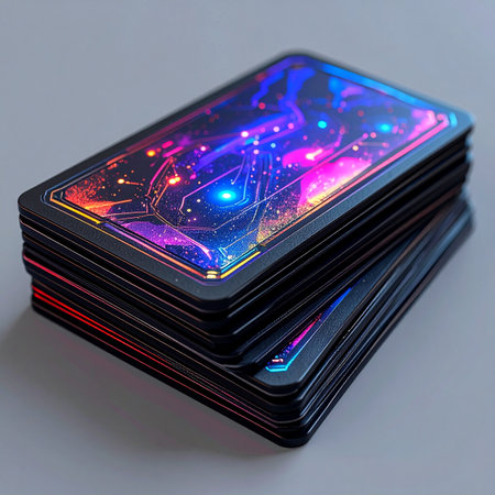 A deck of divination cards rests on a clean surface, its top card revealing a stunning cosmic nebula. The vibrant, glowing art hints at mysteries of the universe, waiting to be explored and offering a glimpse into fate, destiny, and the unknown future.の素材