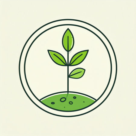 A single, vibrant green sapling emerges from the earth, protected within a clean, circular frame. This minimalist icon symbolizes new beginnings, sustainable growth, and the potential of a fresh idea taking root. Perfect for eco-friendly brands, startups, and concepts related to development and nature.の素材