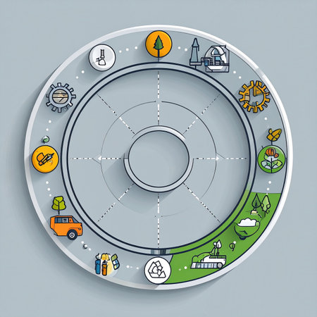 This infographic illustrates the complete lifecycle within a circular economy. It visualizes the journey from industrial production and urban life to environmental conservation and recycling, symbolizing a balanced and sustainable future where technology and nature work in harmony.の素材