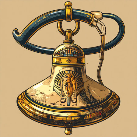 A detailed illustration captures the intricate craftsmanship of an ancient Egyptian bell. Adorned with the likeness of a pharaoh and a deep blue handle, this sacred object might have once been used in religious ceremonies or royal processions.の素材