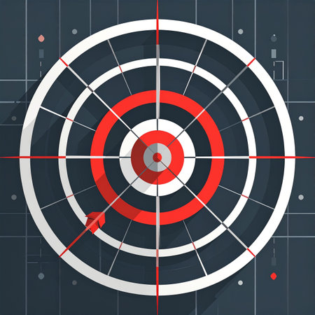 An arrow narrowly misses the bullseye on a modern, technical target, illustrating the fine line between success and failure. This image represents the challenges of achieving precise goals in business, strategy, or personal development, highlighting the importance of adjusting aim and learning from mistakes.の素材
