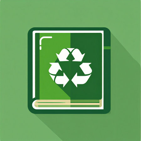 A flat design icon representing the power of knowledge in environmental conservation. This green book with a recycling symbol illustrates the importance of education for a sustainable future, learning about eco-friendly practices, and responsible resource management.の素材
