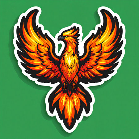 A powerful phoenix sticker, illustrated with fiery orange and yellow feathers, spreads its wings wide. This emblem symbolizes rebirth, strength, and eternal renewal, making it a perfect icon for transformation and victory.の素材
