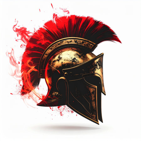 A symbol of unyielding courage and ancient power, this Spartan helmet with its fiery red crest materializes from a cloud of smoke. It evokes the spirit of legendary warriors, ready for battle and immortalized in myth.の素材