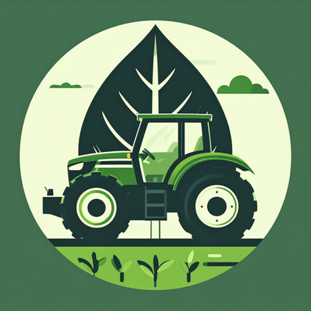 A modern green tractor emblem set against a large leaf, symbolizing the harmony between technology and nature. This vector icon represents sustainable agriculture, organic farming, and eco-friendly innovation for a greener future.の素材