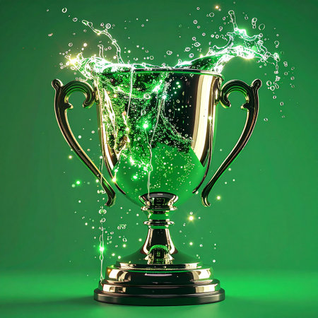 A gleaming golden champions cup overflows with a vibrant, sparkling green elixir, symbolizing a magical moment of triumph. The energetic splash captures the peak of success, representing not just a win, but the powerful and enchanting energy of achieving a long-sought goal.の素材