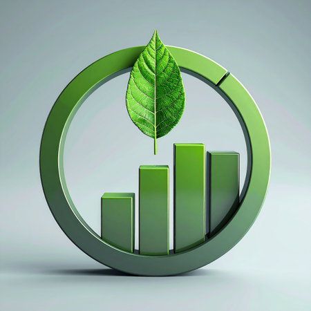 A visual representation of sustainable success, where a green bar chart trends upward within a circular frame, crowned by a single leaf. This image symbolizes the powerful synergy between economic growth and environmental responsibility, perfect for illustrating concepts of green investment, ESG performance, and a thriving circular economy.の素材
