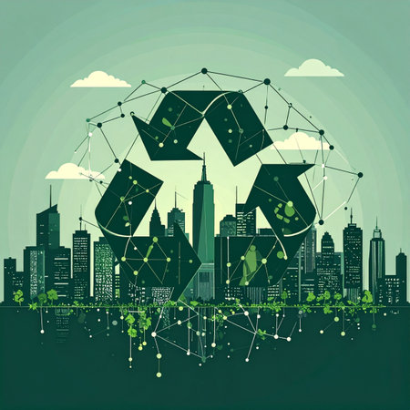 A vision of the future where technology and ecology merge. A sprawling metropolis is interconnected by a smart network, symbolized by the universal sign for recycling, illustrating a commitment to a sustainable, circular economy and a greener tomorrow for urban living.の素材