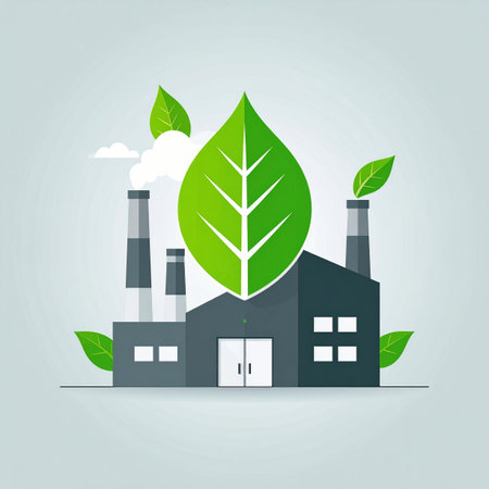 A modern factory operates in harmony with nature, symbolized by a giant green leaf. This illustration represents a commitment to sustainable manufacturing, clean energy, and environmental responsibility, showcasing a future where industry contributes positively to the planets health.の素材