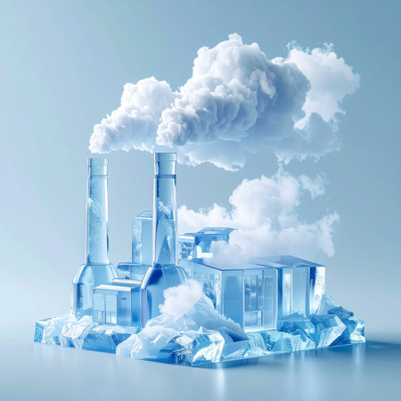 In a surreal, frozen landscape, a crystal factory operates not with fire and soot, but with clean, cold power. Its smokestacks release pure, fluffy clouds into the atmosphere, symbolizing a future of sustainable industry, environmental innovation, and a hopeful solution to climate change.の素材