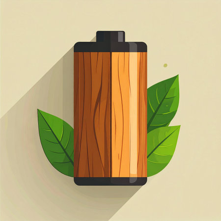 An illustration symbolizing the fusion of nature and technology. A battery with a wooden texture, flanked by vibrant green leaves, represents the future of sustainable, eco-friendly power and renewable energy sources.の素材