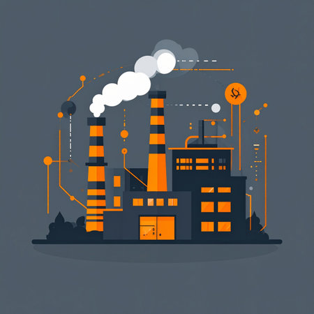 A flat design illustration showcasing the concept of a smart factory. Digital networks and data points connect various parts of the industrial plant, symbolizing automation, efficiency, and the technological advancements of Industry 4.0.の素材