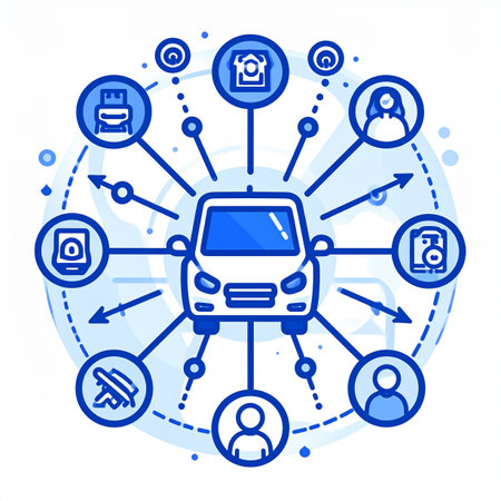 A modern concept illustration depicting the ecosystem of a smart car. The vehicle is centrally connected to a network of digital services, symbolizing the integration of IoT, data, security, and user-centric applications in the future of autonomous transportation.の素材