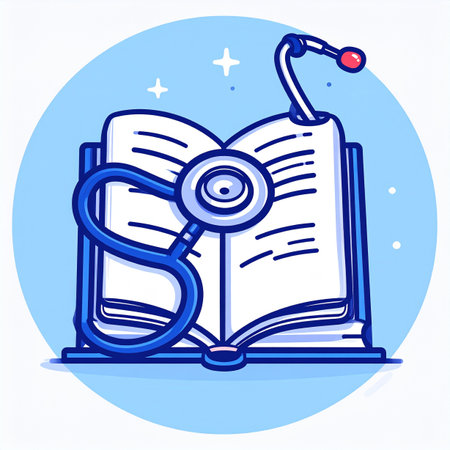An illustration symbolizing the core of medical education and healthcare knowledge. A stethoscope rests on an open textbook, representing the crucial link between academic learning and practical patient care, perfect for concepts of medical school, research, and professional development.の素材