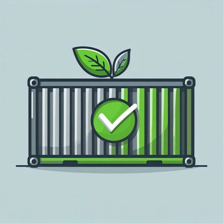 An illustration representing a commitment to sustainable practices in global trade. A green shipping container, adorned with leaves and a checkmark of approval, symbolizes eco-friendly logistics, carbon-neutral transport, and a successful, environmentally conscious supply chain.の素材