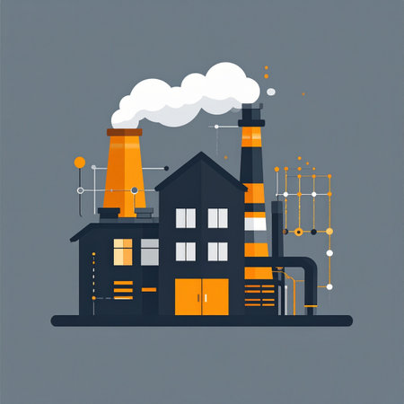 A modern factory operates with peak efficiency, its systems interconnected through a digital network. This flat design illustration represents the concept of Industry 4.0, where automation, data, and smart technology drive the future of manufacturing and production.の素材
