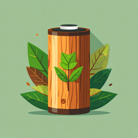 An innovative illustration showcasing the future of power, where technology and nature merge. This wooden-textured battery, adorned with a vibrant green leaf, symbolizes a commitment to sustainable, renewable, and eco-friendly energy solutions for a healthier planet.の素材