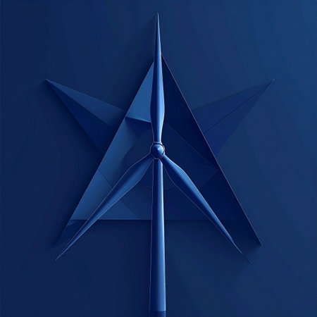 A single blue wind turbine stands as a beacon of progress, framed by a powerful star symbol. This minimalist and modern concept represents a commitment to sustainable energy, innovation, and a cleaner, brighter future for generations to come.の素材