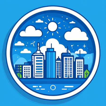 A bright, sunny day shines over a bustling modern metropolis. This clean, flat design vector icon represents progress, opportunity, and the vibrant energy of urban life, perfect for corporate branding or technology applications.の素材