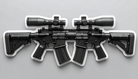 A striking black and white composition featuring two modern tactical assault rifles arranged in perfect symmetry. This powerful, graphic image evokes themes of conflict, defense, military precision, and the duality of power.の素材