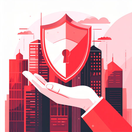 A supportive hand presents a powerful security shield, symbolizing the safeguarding of urban infrastructure and corporate data. This illustration represents modern solutions for cybersecurity, risk management, and digital asset protection in a bustling metropolis.の素材